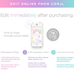 May include: A smartphone shows a rainbow-themed invitation design. The image includes instructions: purchase on Etsy, edit online, and download the template. Text reads "Edit immediately after purchasing." Instructions are numbered 1, 2, and 3.