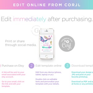 May include: A step-by-step guide on how to edit and download a printable template. The image shows a phone screen displaying a mermaid-themed birthday invitation with the text "Personalized with Corjl".