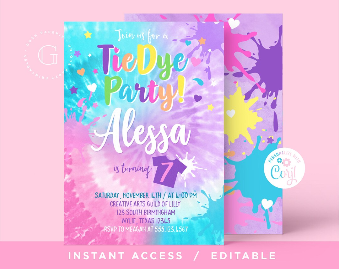 Tie Dye Invitation. Editable Tie Dye Birthday Invitation. Sip and Paint ...