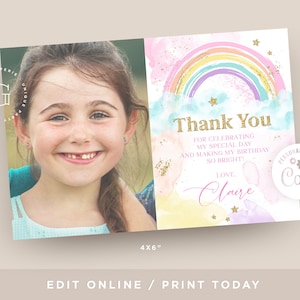 Regenboog Bedankkaart, Fotokaart, Regenboogfeest uitnodiging, Verjaardag Uitnodiging, Boho Regenboog Bewerkbaar INSTANT DOWNLOAD