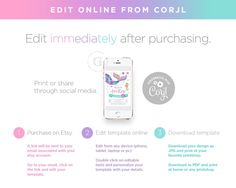 Puede incluir: Una gu&iacute;a paso a paso sobre c&oacute;mo editar y descargar una plantilla imprimible. La imagen muestra la pantalla de un tel&eacute;fono que muestra una invitaci&oacute;n de cumplea&ntilde;os con tem&aacute;tica de sirena con el texto "Personalizado con Corjl".