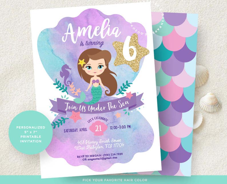 Mermaid Invitation. Little Mermaid Invitation. Mermaid Birthday Invitation. Mermaid Printable Party. Mermaid Birthday Party. 