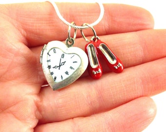 Zauberer von Oz Herz Medaillon Silber Halskette Anhänger Rubin Rot Hausschuhe Zinn Mann Uhr Charme wenn ich nur ein Herz hatte Vintage Film Schmuck