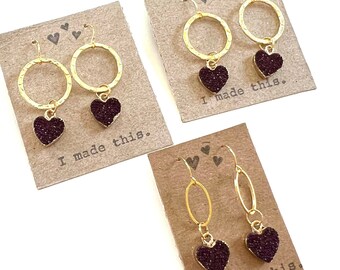 Heart Druzy Earrings Gold Stone Burgundy Red Glitter Magical Dangle Drop Wire Hook Boho Metal Charm Statement Jewelry