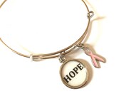 Breast Cancer Bracelet for women Bangle Adjustable Charm Pink Ribbon Brave Hope Recycled Paper Repurposed Book Upcycled Materials Jewelry