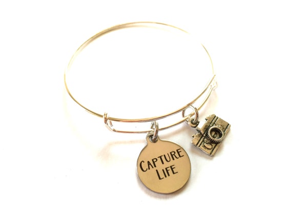 Camera Bracelet Bangle Charms Adjustable Photography Capture Life Mantra Quote Photographer Words Inspirational Message Expandable Jewelry