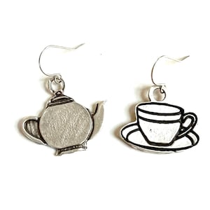 Teacup and Kettle Dangle Earrings: Silver Coffee Lover Jewelry