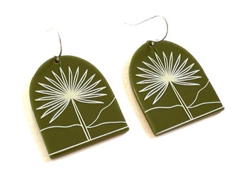 Dandelion Earrings Dangle Resin Statement Jewelry Mountain Flower Nature Olive Green Color Earrings Unique Bold Drop Earring jewelry