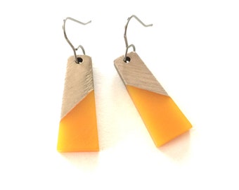 Wood Resin Earrings Dangle Yellow Boho Statement Jewelry Wooden Block Color Earrings Unique Minimalist Trapezoid Drop Earring Colorful