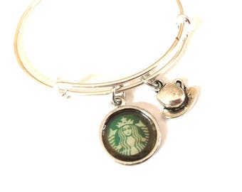 Starbucks Bracelet Coffee Cup Quote Adjustable Bangle Silver Charm Upcycled Recycled Material Repurposed Paper Expandable Jewelry