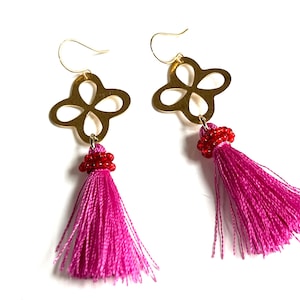 Gold Modern Dangle Earrings Hot Pink Tassel Lightweight Drop
