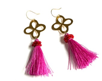 Gold Modern Dangle Earrings Hot Pink Tassel  Lightweight Drop Earrings Threads Colorful Statement Jewelry Bold Colors Earring Artist