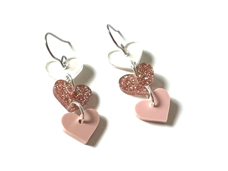 Pink Sparkle Heart Dangle Earrings Confetti Resin Clear Mirror Hearts Glitter Statement Jewelry Party Modern Resin Valentine image 4