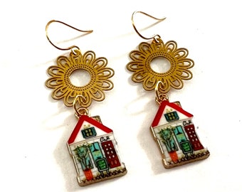 House Dangle Earrings Enamel Gold Colorful Home Cafe Townhouse Drop Wire Hook Lightweight Mixed Metal Funky Charm Fun Whimsical Art Jewelry
