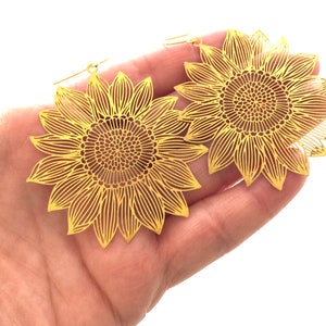 Gold Sunflower Earrings Dangle Bohemian Large Metal Brass Filigree Statement Shape Lightweight Garden Flower Charm Statement Art Jewelry image 3