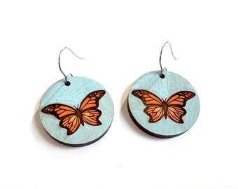 Monarch Butterfly Earrings Dangle Large Round Wood Painted Drop Butterflies Earring Lightweight Funky Charm Nature Statement Metamorphosis