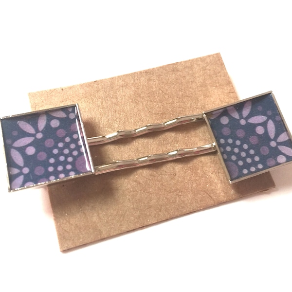 Purple Flower Bobby Pins Hair Barrette Square OOAK Metal Art Accessory Upcycled Recycled Repurposed Art Paper Materials Vintage Swirl Do