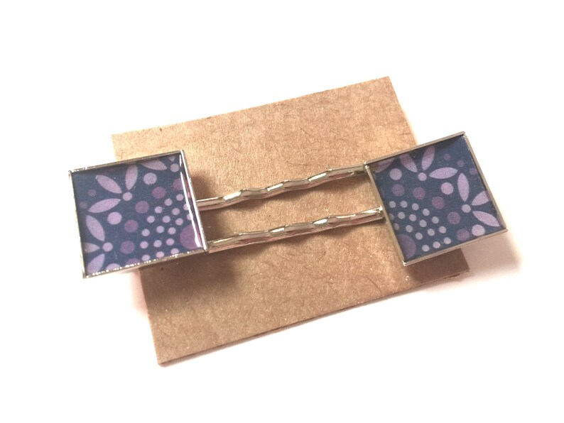 Purple Flower Bobby Pins Hair Barrette Square OOAK Metal Art Accessory Upcycled Recycled Repurposed Art Paper Materials Vintage Swirl Do