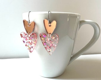 Pink Sparkle Heart Dangle Earrings Confetti Resin Clear Mirror Hearts Glitter Statement Jewelry Party Modern Resin Valentine