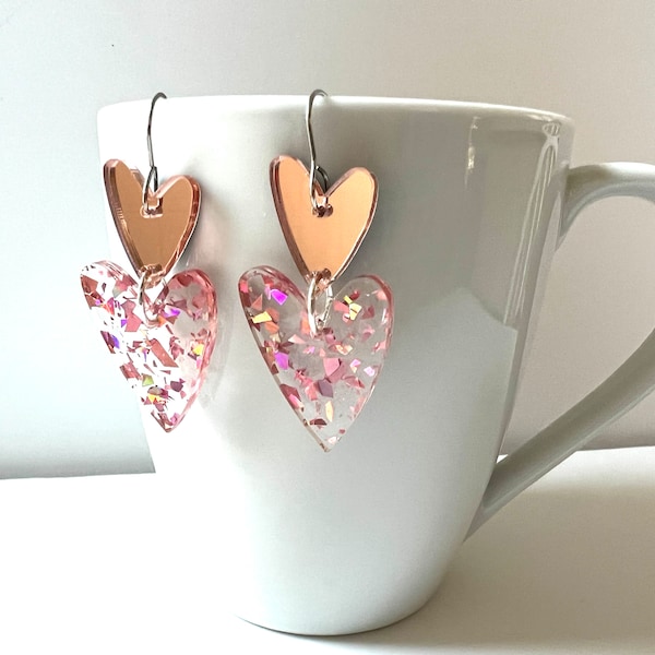 Pink Sparkle Heart Dangle Earrings Confetti Resin Clear Mirror Hearts Glitter Statement Jewelry Party Modern Resin Valentine