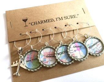 Map Wine Glass Charms Travel City Set six Cup Tags Bottle Cap Airplane Vacation Whimsical Party Favor Bottlecap Housewarming Gift Vino Charm