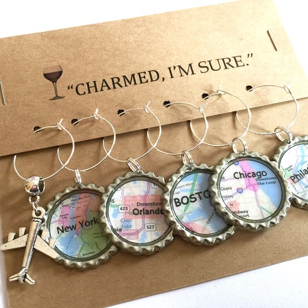 Map Wine Glass Charms Travel City Set six Cup Tags Bottle Cap Airplane Vacation Whimsical Party Favor Bottlecap Housewarming Gift Vino Charm