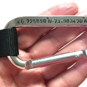 May include: A silver carabiner with a black strap attached. The carabiner has the coordinates "40.725890&deg; N-73.983470&deg; W" engraved on it.