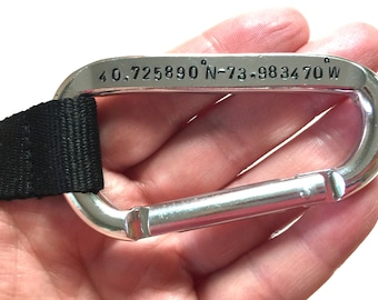 CUSTOM Longitude Latitude Carabiner Key Chain Stamped Silver OOAK Personalized Words Customized Home Coordinate Rock Climber Clip Belay Men