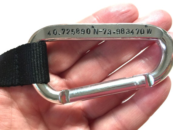 Personalized Longitude Latitude Keychain, Stamped Aluminum Carabiner Clip