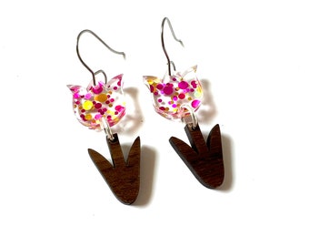 Tulip Sparkle Dangle Earrings Confetti Resin Clear Flowers Glitter Statement Jewelry Party Modern Resin Wood Flower Jewelry