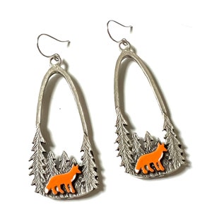 Fox & Pine Tree Dangle Earrings: Handmade Nature Scene Jewelry