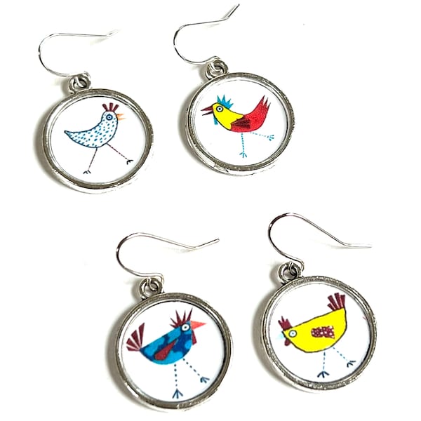 Chicken Earrings Handmade OOAK Silver Colorful Chicks Chicken Art Recycled Material Upcycled Paper Repurposed Hooks Dangle Jewelry Art