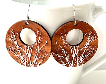 Birch Tree Earrings: Laser Cut Wood Dangle Hoops