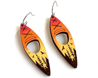 Kayak Dangle Earrings Sunset Tree Wood Outdoors Landscape Outdoors Lightweight Statement Sunrise Hand Painted Nature Scene Jewelry