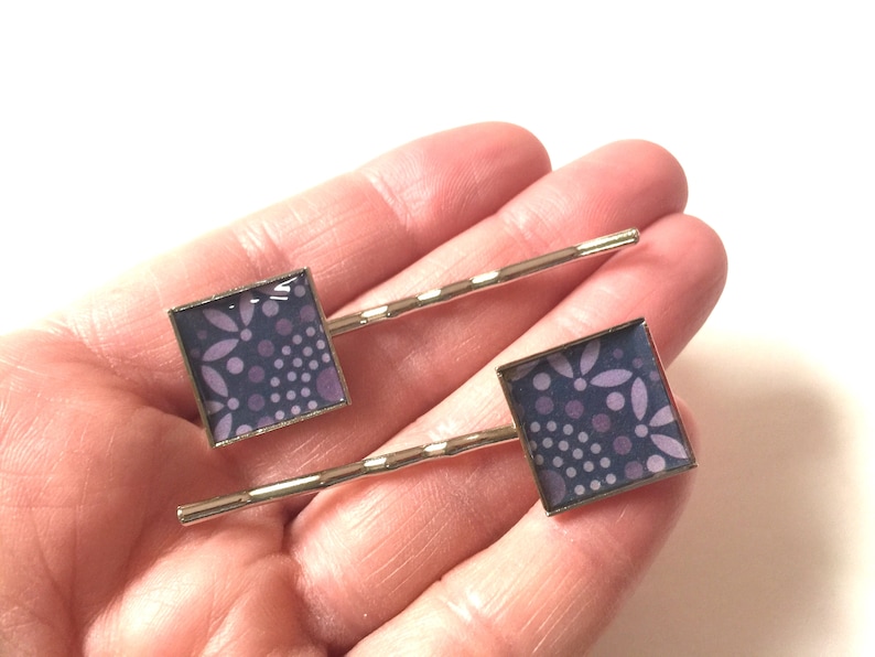 Purple Flower Bobby Pins Hair Barrette Square OOAK Metal Art Accessory Upcycled Recycled Repurposed Art Paper Materials Vintage Swirl Do