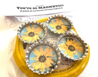 Sunflower Magnets Bottlecap Carole Storro Yellow Flower Summer Floral Bottle Cap Repurposed Paper Upcycled Primary Colors Earth Magnet
