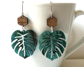 Monstera Earrings Dangle Bohemian Large Resin Plant Green Sparkle Filigree Brown Wood Modern Funky Charm Statement Art Jewelry