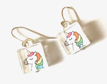 Rainbow Unicorn Earrings OOAK Dangle Glass Tile Small Upcycled Magazine Recycled Paper Material Repurposed Silver Wire Hooks Jewelry