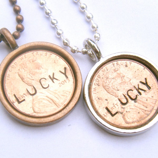 Penny Necklace Custom Year Lucky Pendant Copper Silver Stamped Word Luck Momento Recycled Metal Repurposed Coin Upcycled Materials Jewelry