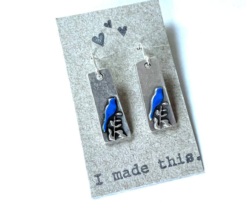 Bluebird of Happiness Earrings Dangle Silver Magical Drop Wire Garden Nature Brass Dangle Blue Bird Charm Statement Jewelry image 2