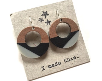 Wood Resin Earrings Dangle Black Brown Statement Jewelry Wooden Block Color Earrings Unique Minimalist Circle Drop Earring Colorful jewelry