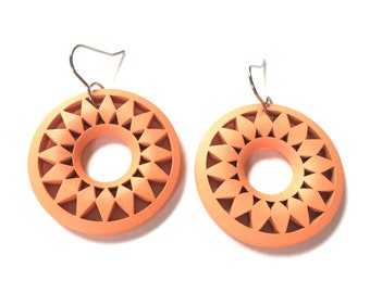 Wood hoop earrings dangle orange mandala geometric circle peach Statement jewelry lightweight laser cut mandala filigree wood drop earrings