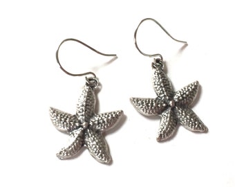 Silver Starfish Dangle Earrings Drop Nautilus Style Pewter Ocean Sea shell Statement Dangle Beach Charm Handmade Modern Funky Jewelry