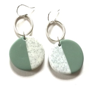 Color Block Polymer Clay Earrings: Silver Hoop Dangle, Geometric Green