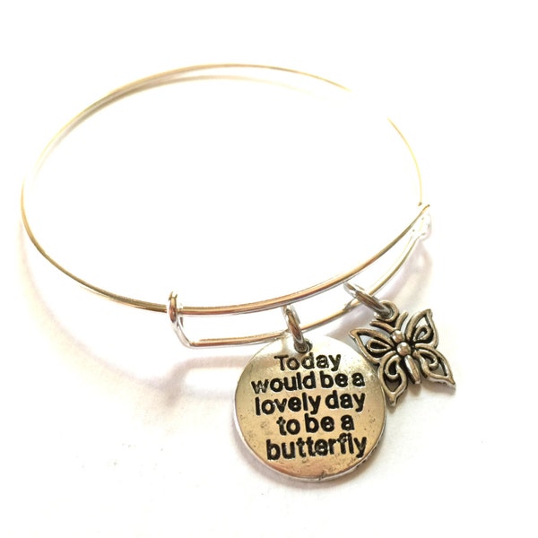 Butterfly Bracelet Silver Adjustable Bangle charm Inspirational Quote Butterflies Mantra words Positive Quotation Expandable Jewelry OOAK