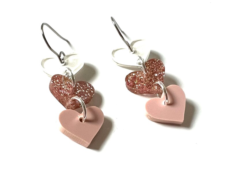 Pink Sparkle Heart Dangle Earrings Confetti Resin Clear Mirror Hearts Glitter Statement Jewelry Party Modern Resin Valentine image 3