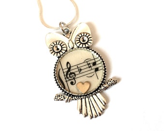 Owl Necklace Vintage Sheet Music Pendant Silver Musical Notes Musician Recycled Material Necklace Instruments Song Band Statement Jewelry