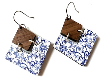 Blue and White China Pattern Wood Earrings: Geometric Dangle Jewelry