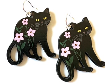 Black Cat Dangle Earrings Wood purple flowers Black Kitty Cat Lover Cat lightweight earring