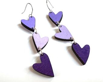 Purple Heart earrings dangle Wood Statement jewelry lightweight laser cut drop triple heart cascading lavender Mauve painted earrings